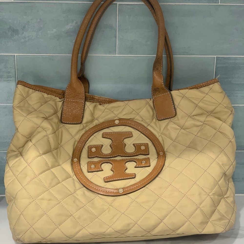 Tory Burch shoulder bag tote purse tan quilted brown leather trim handbag